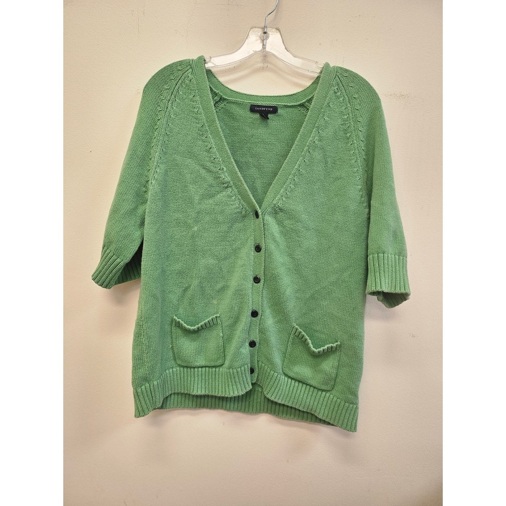 Lands End Green Short Sleeve Cardigan V-Neck Pointelle Knit Sweater Large